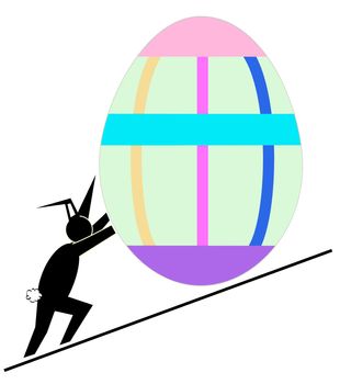 Black graphic Easter bunny figure pushing a decorated egg uphill