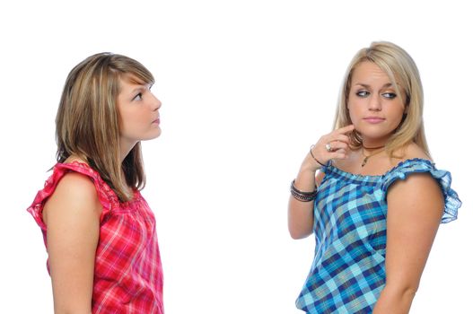 two friends posing together on a white background