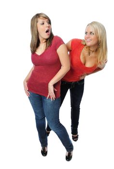 two friends posing together on a white background