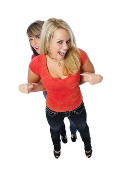 two friends posing together on a white background