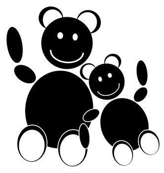 Two teddy bears graphics, a smaller bear leaning on a larger mother bear.