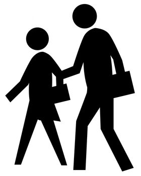 A black graphic image showing the classic school crossing figures