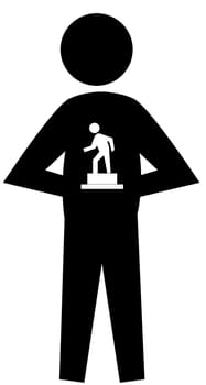 Black graphic figure holding a small statue at waist level