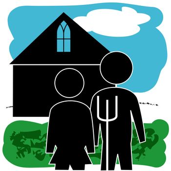 American Gothic graphic couple in front of a house with colored sky and grass.