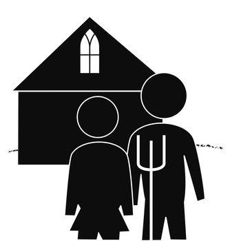 American Gothic graphic couple in front of a house
