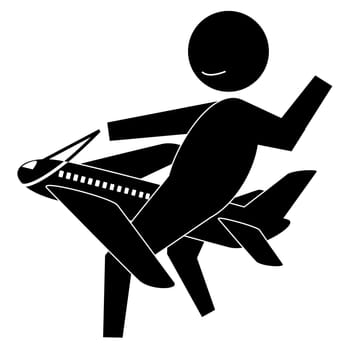 Black graphic figure riding on an airplane