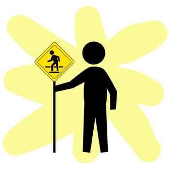 Black graphic figure holding a classic crosswalk street sign