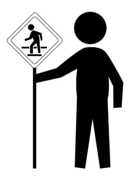 Black graphic figure holding a classic crosswalk street sign