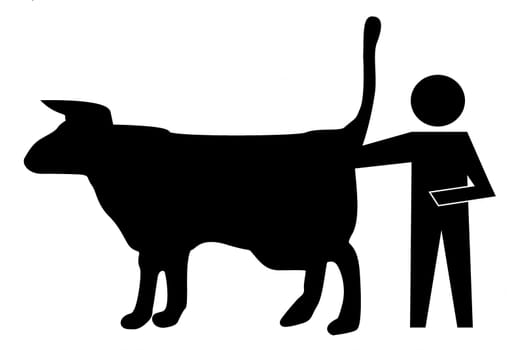 Black graphic figure with one hand up a cow's butt while holding his stomach with the other