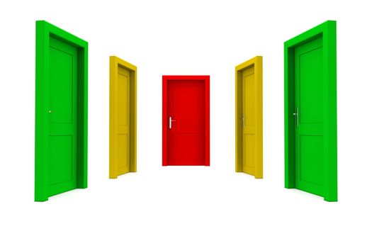 abstract hallway with closed doors - two greentwo yellow, one red