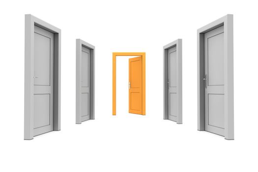 abstract hallway with gray doors - one orange door open at the end of the corridor