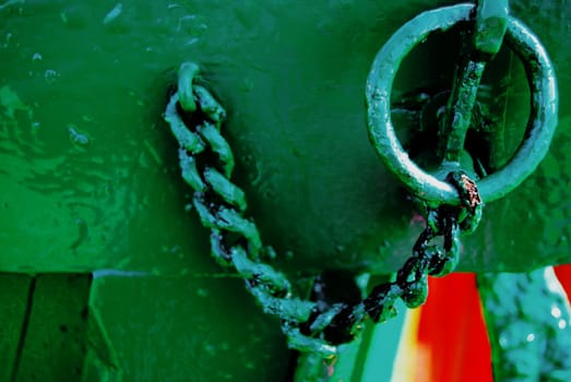 closeup of an old green iron chain
