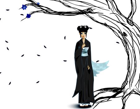 Illustration of a girl in black and blue  kimono.