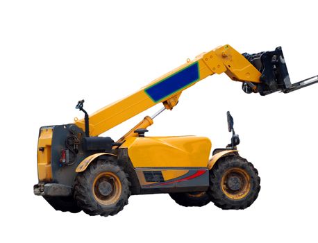 A photograph of a fork-lift truck isolated on a white background with copy space