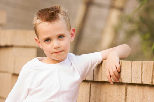Young Boy Portrait Poses On Brick Wall