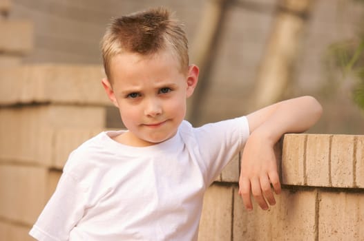 Young Boy Portrait Poses On Brick Wall