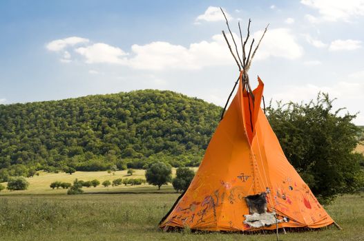 indian ethnic domicile, teepee AKA wigwam on the meadow