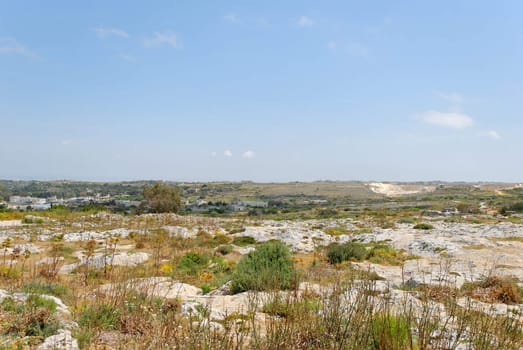 Barren stony steppe landscape in Southern Malta, near Dingli.
