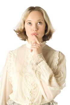 Portrait of a thoughtful woman, white background