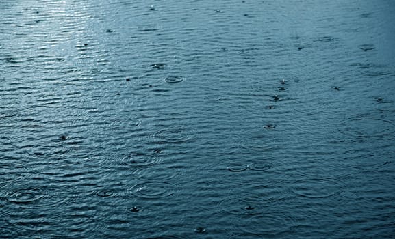 Raindrops falling on water surface ripples and rings on the water