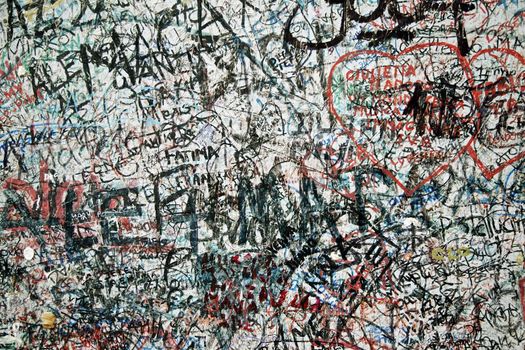 Lovers wall in verona Italy, Large wall of graffiti upon graffiti