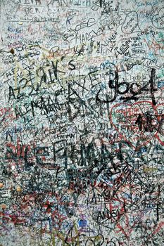 Lovers wall in verona Italy, Large wall of graffiti upon graffiti