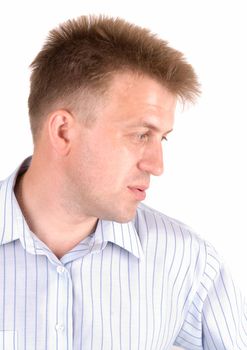 Profile. Portrait of the young serious man. Face close up.