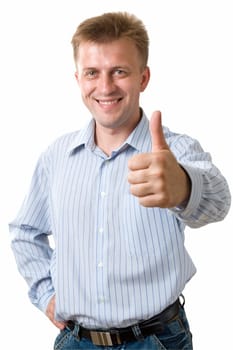 smiling young man with thumbs up on a white background