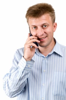 smiling man with mobile phone on a white background