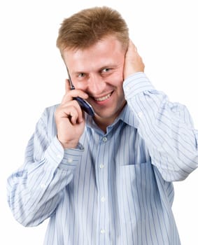 smiling man with mobile phone on a white background