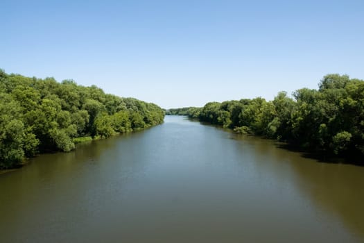 Summer. River. Blue sky and green trees are reflected in water.