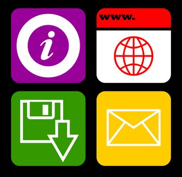 Set of four colorful buttons of type used on personal organizer, isolated on black background with copy space.