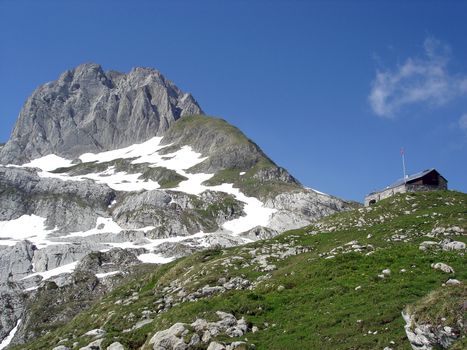 Altmann Summit And Zwinglipass Mountain Hut In Apenzell Alps, Alpstein Massif, Switzerland