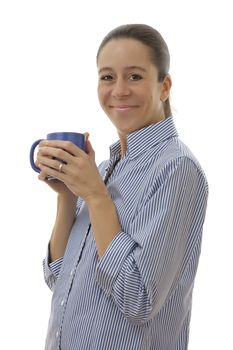 Smart smiling business woman drinking a cup of coffee on a white background