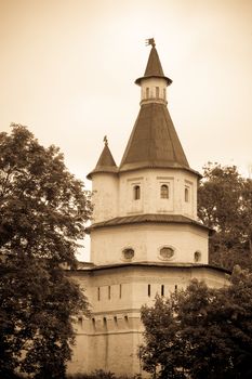 aged photo: tower in monastery New Jerusalem 
