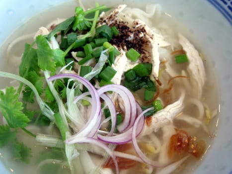 close up for a bowl of chicken soup noodle