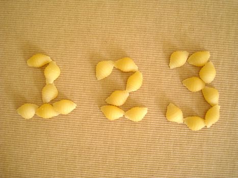 1,2,3 symbols made by pasta shell for numbering