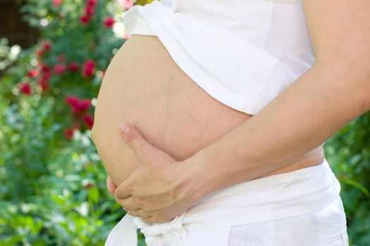 Young pregnant woman holding her stomach at summer garden