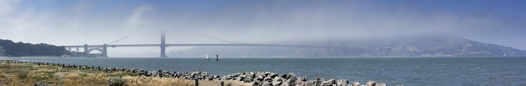 Panoramic shot of the Golden gate bridge in San Fransisco. Horizontal shot