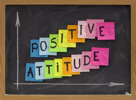 positive attitude concept - colorful sticky notes, handwriting and white chalk drawing on blackboard