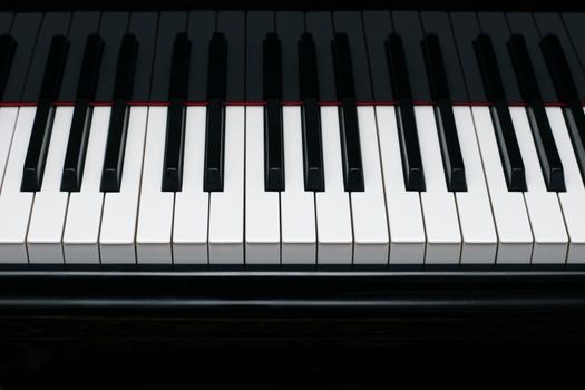 Close-up of a shiny grand piano ebony and ivory keys