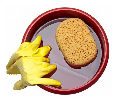Bucket with sponge and gloves isolated on white - birds view