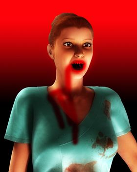 A image of a vampire nurse in with blood all over her scrubs clothing. It would be a good Halloween image.