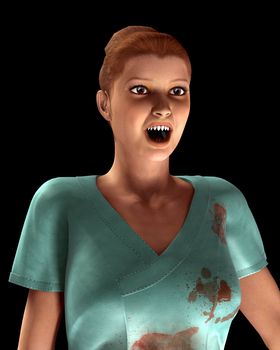 A image of a vampire nurse in with blood all over her scrubs clothing. It would be a good Halloween image.