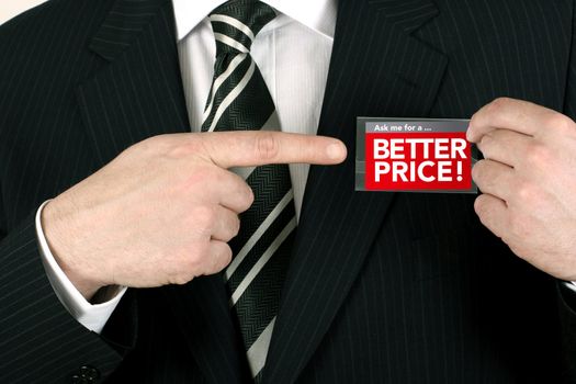 Sales person pointing to a badge offering a special price