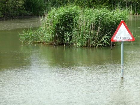 A no fishing sign in the middle of a lake.