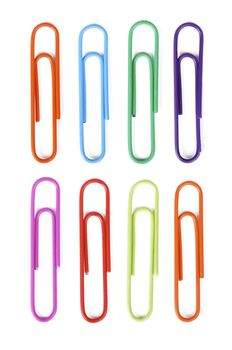 Multi colored paper clips isolated on white background - large XXL file