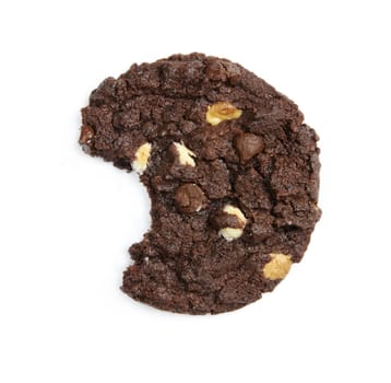 Delicious choclated chips cookie with bite missing isolated on white background