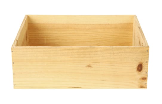 empty wooden box isolated on white background - focus on front panel