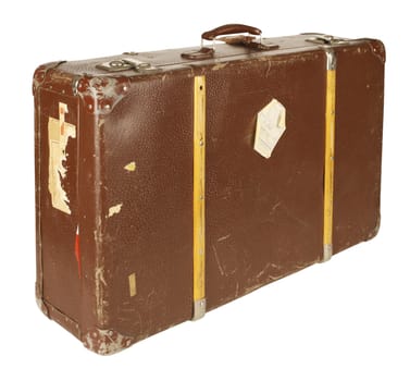 Old and worn retro suitcase isolated on white background